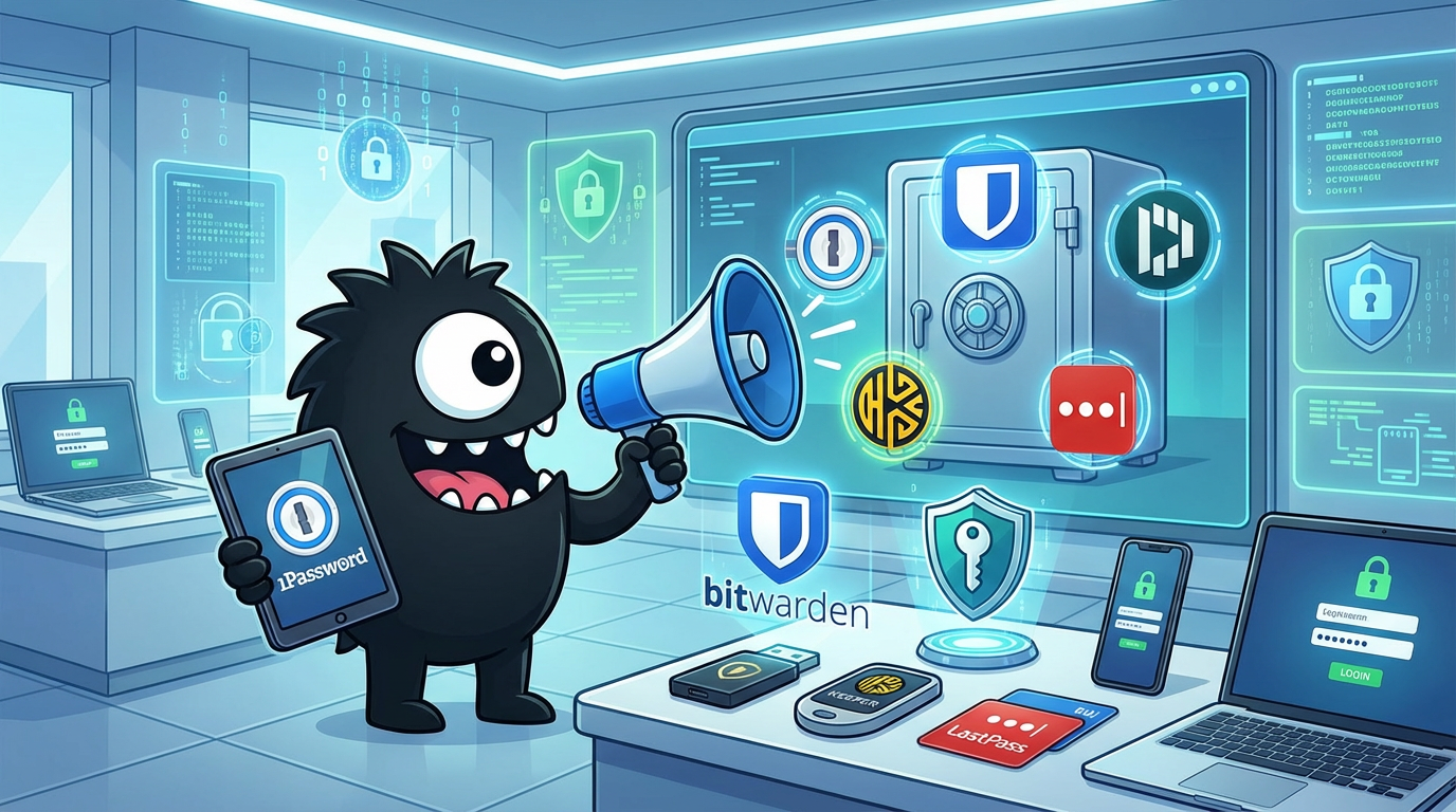 AdTools Monster Mascot reviewing products: 1Password vs Bitwarden vs Dashlane vs Keeper: password-manag