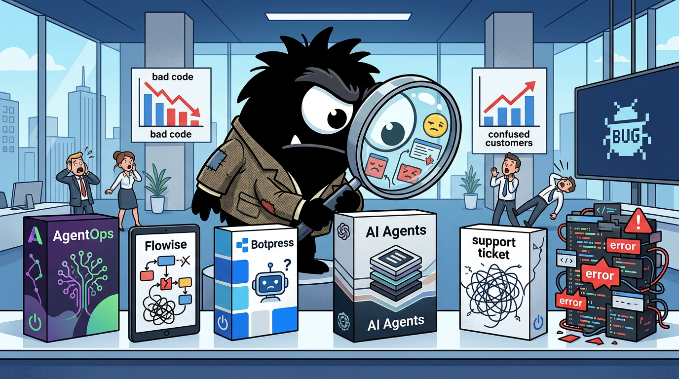 AdTools Monster Mascot reviewing products: AgentOps vs Flowise vs Botpress: Which Is Best for Customer 