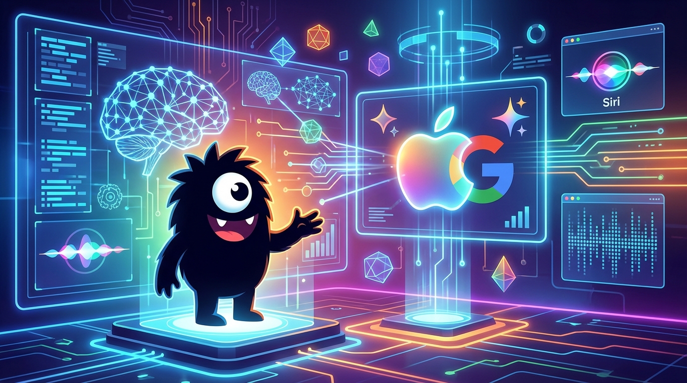 AdTools Monster Mascot presenting AI news: Apple/Google: Apple Partners with Google for Gemini-Powered 