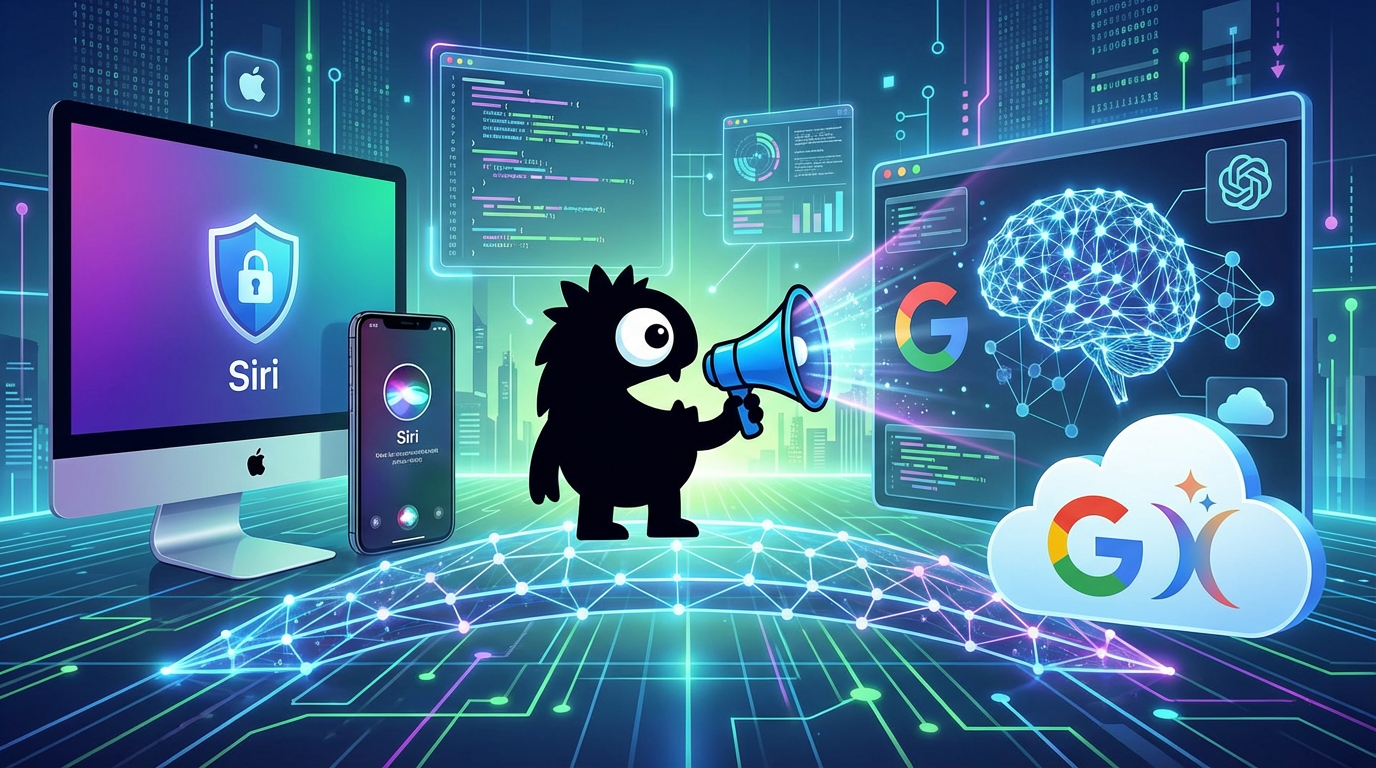 AdTools Monster Mascot presenting AI news: Apple and Google: Apple to Use Google's Gemini for Next-Gen 