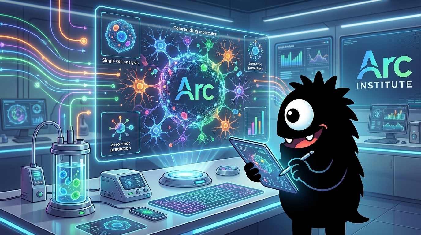 AdTools Monster Mascot presenting AI news: Arc Institute: Arc's Stack AI Simulates Cell States Without