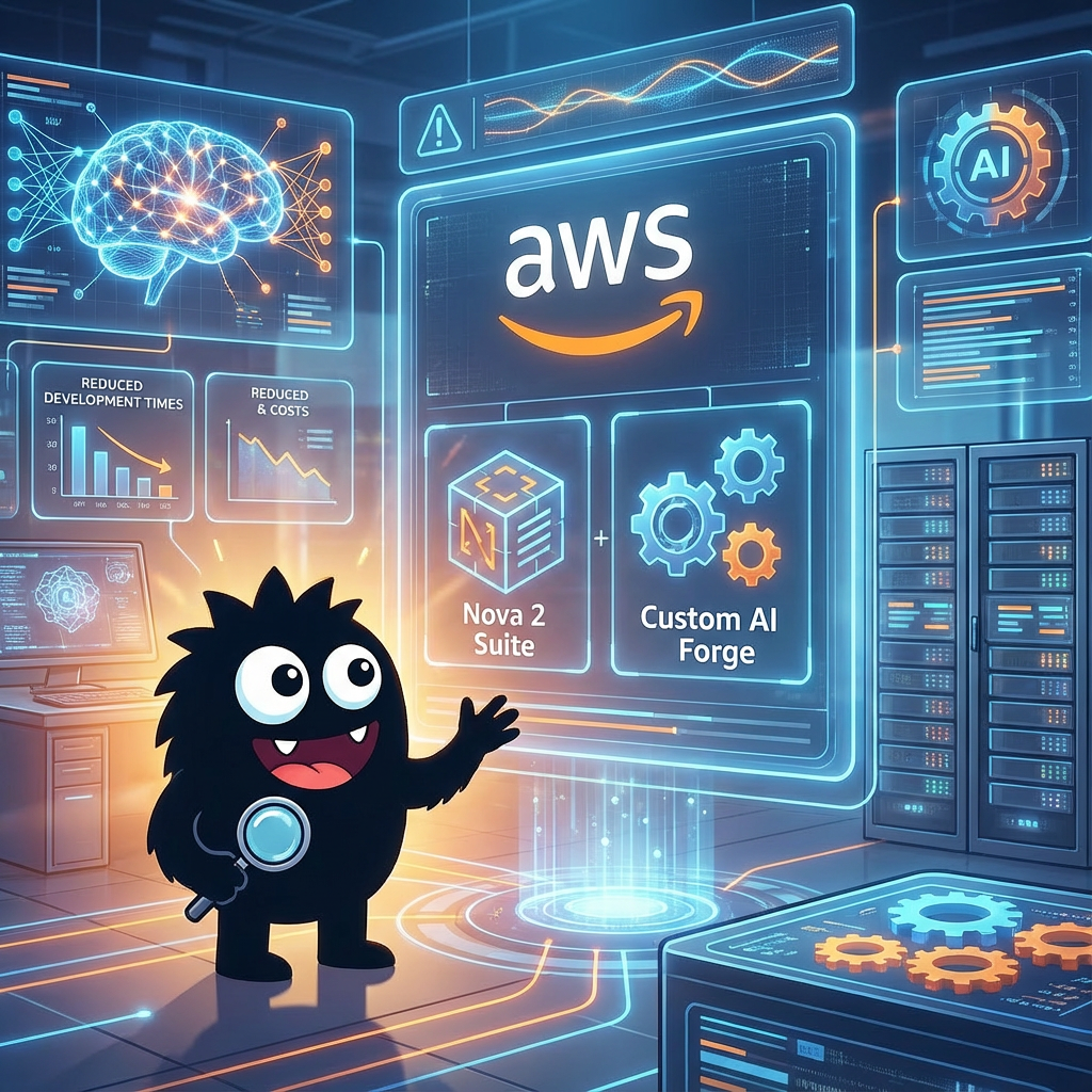AdTools Monster Mascot presenting AI news: Amazon Web Services: AWS Launches Nova 2 Suite and Custom AI