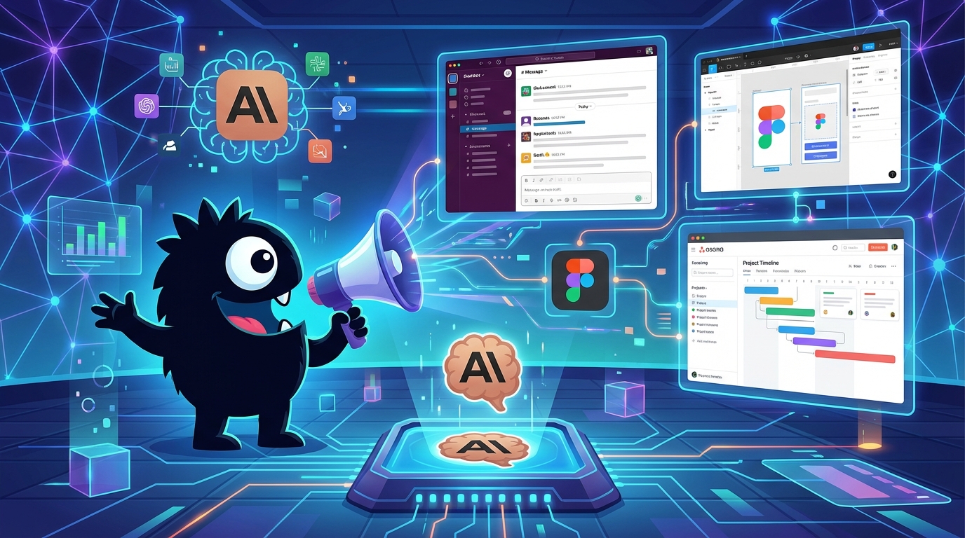 AdTools Monster Mascot presenting AI news: Anthropic Claude Integrates Slack, Figma, Asana Tools