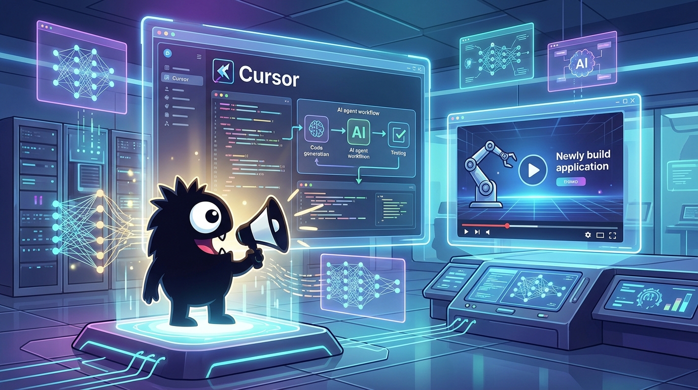 AdTools Monster Mascot presenting AI news: Cursor AI Agents Record Video Demos of Built Software