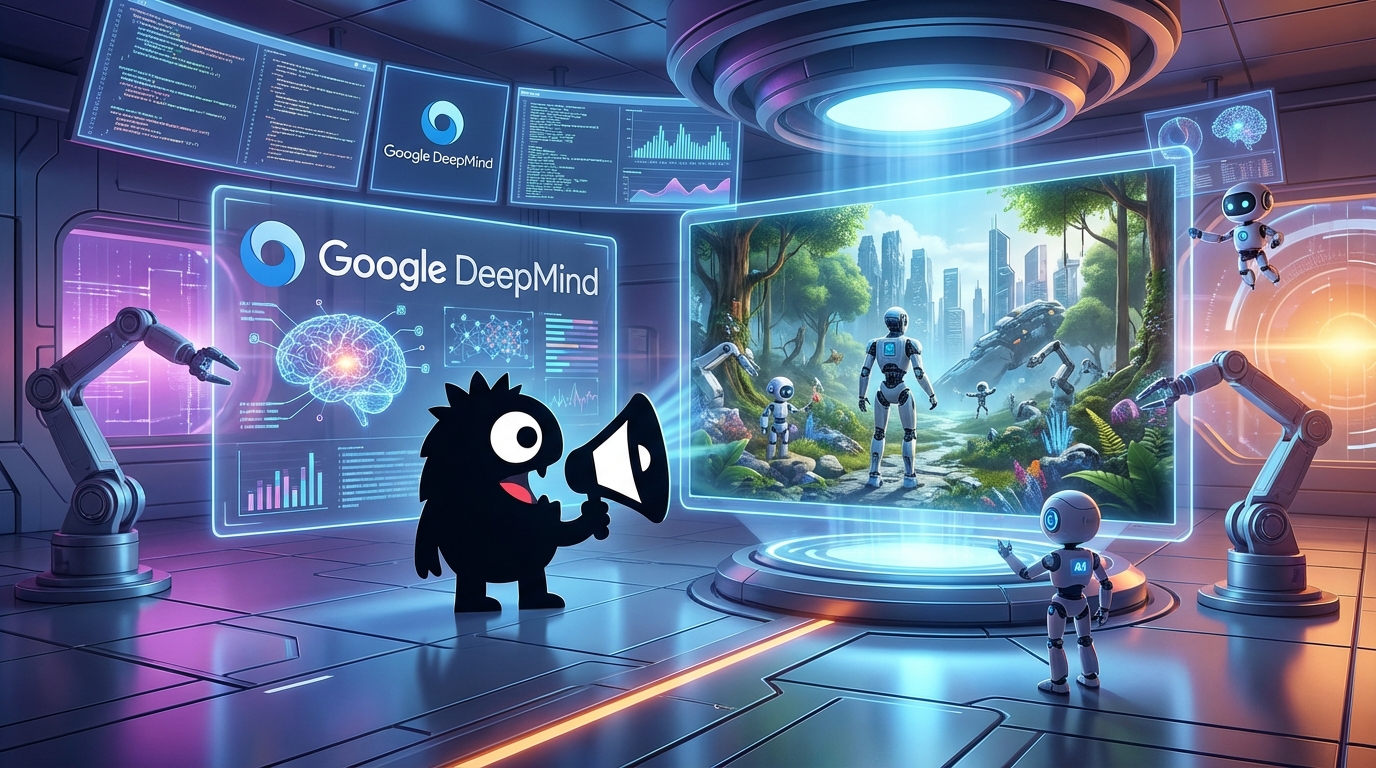 AdTools Monster Mascot presenting AI news: Google DeepMind: DeepMind Unveils Genie 3: Revolutionary Wor