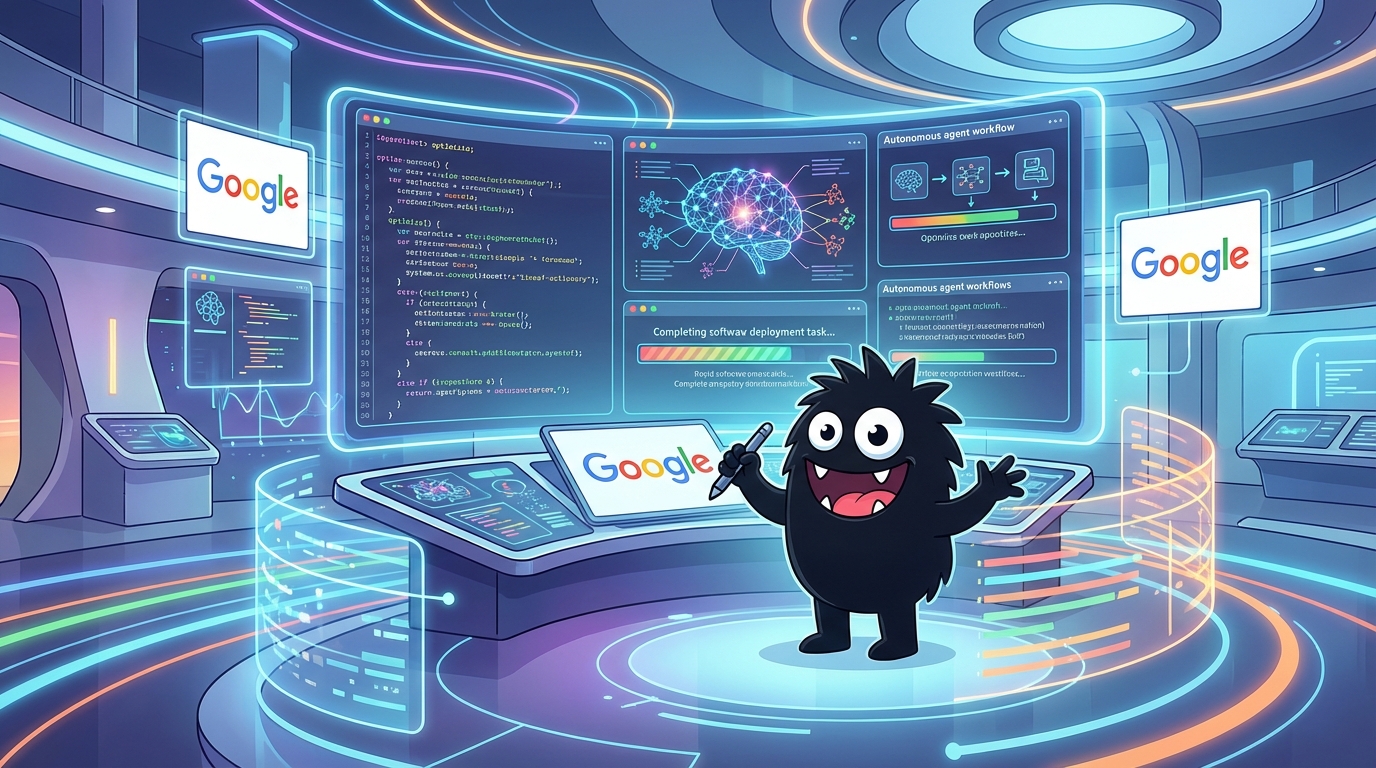 AdTools Monster Mascot presenting AI news: Google Launches Gemini 3.1 Pro: Advanced Coding & Agents