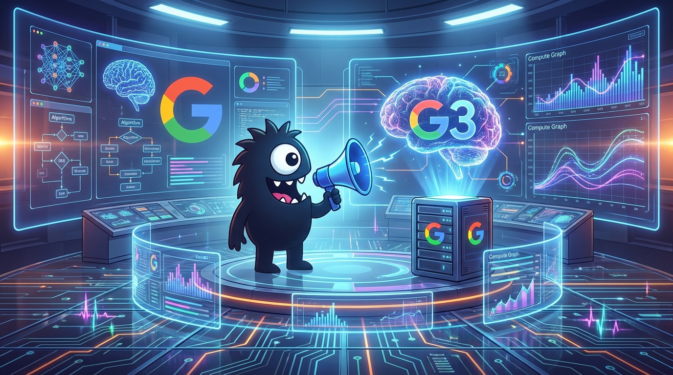AdTools Monster Mascot presenting AI news: Google Unveils Gemini 3 Deep Think for Complex STEM Reasonin