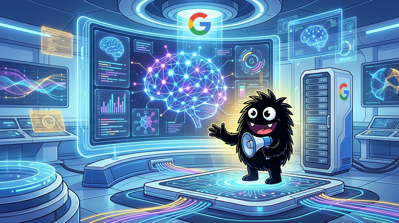 AdTools Monster Mascot presenting AI news: Google: Gemini 3 Deep Think Achieves Superhuman Coding Elo o