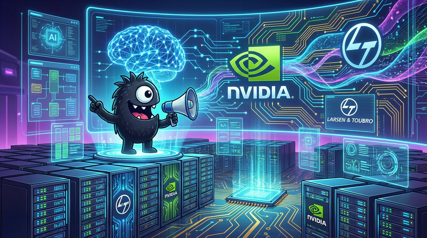 AdTools Monster Mascot presenting AI news: Larsen & Toubro, NVIDIA: L&T Partners with NVIDIA for India'