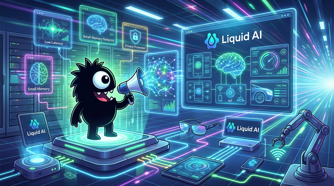 AdTools Monster Mascot presenting AI news: Liquid AI Unveils 1.2B Reasoning Model for Mobile Devices