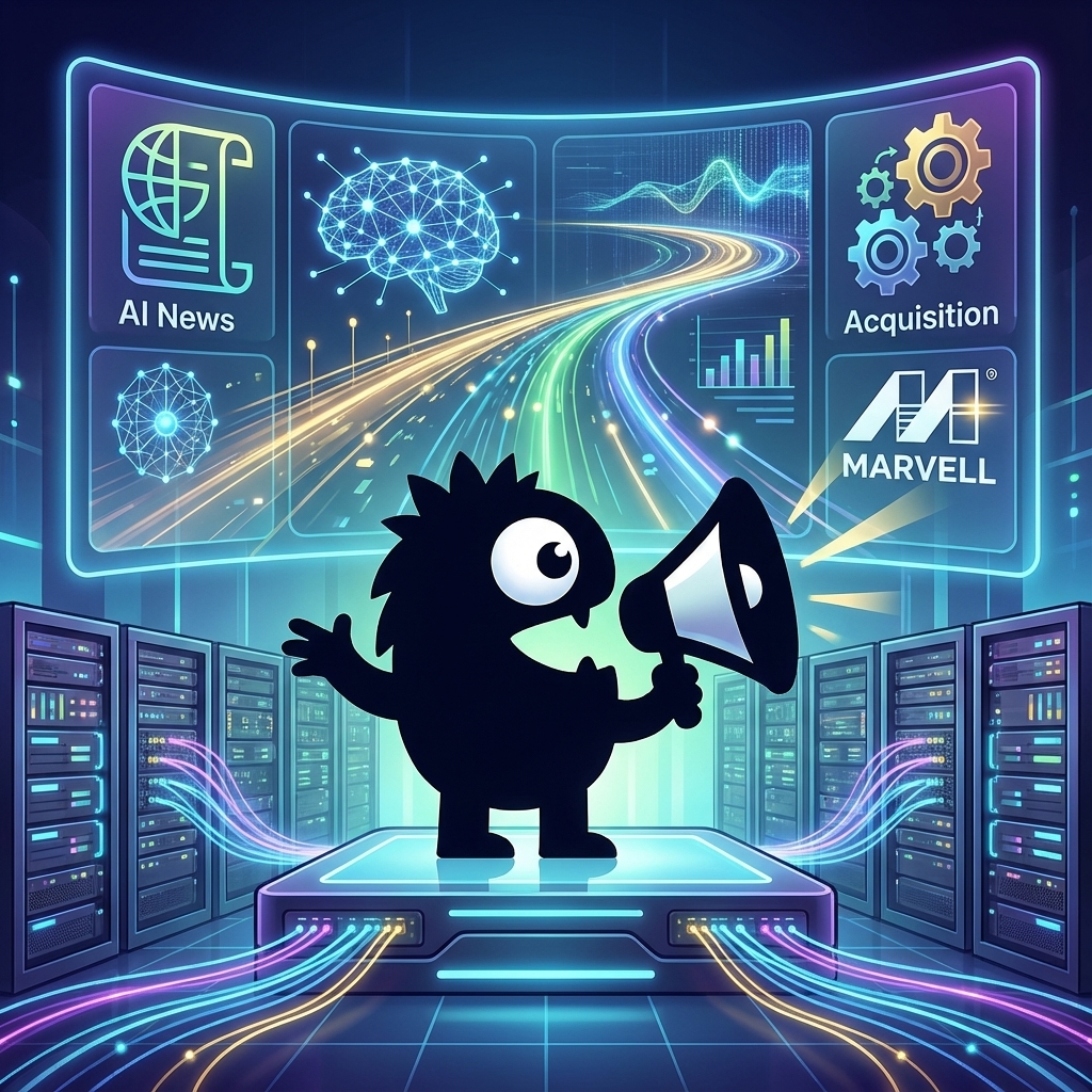 AdTools Monster Mascot presenting AI news: Marvell Technology: Marvell Buys Celestial AI for $3.25B to