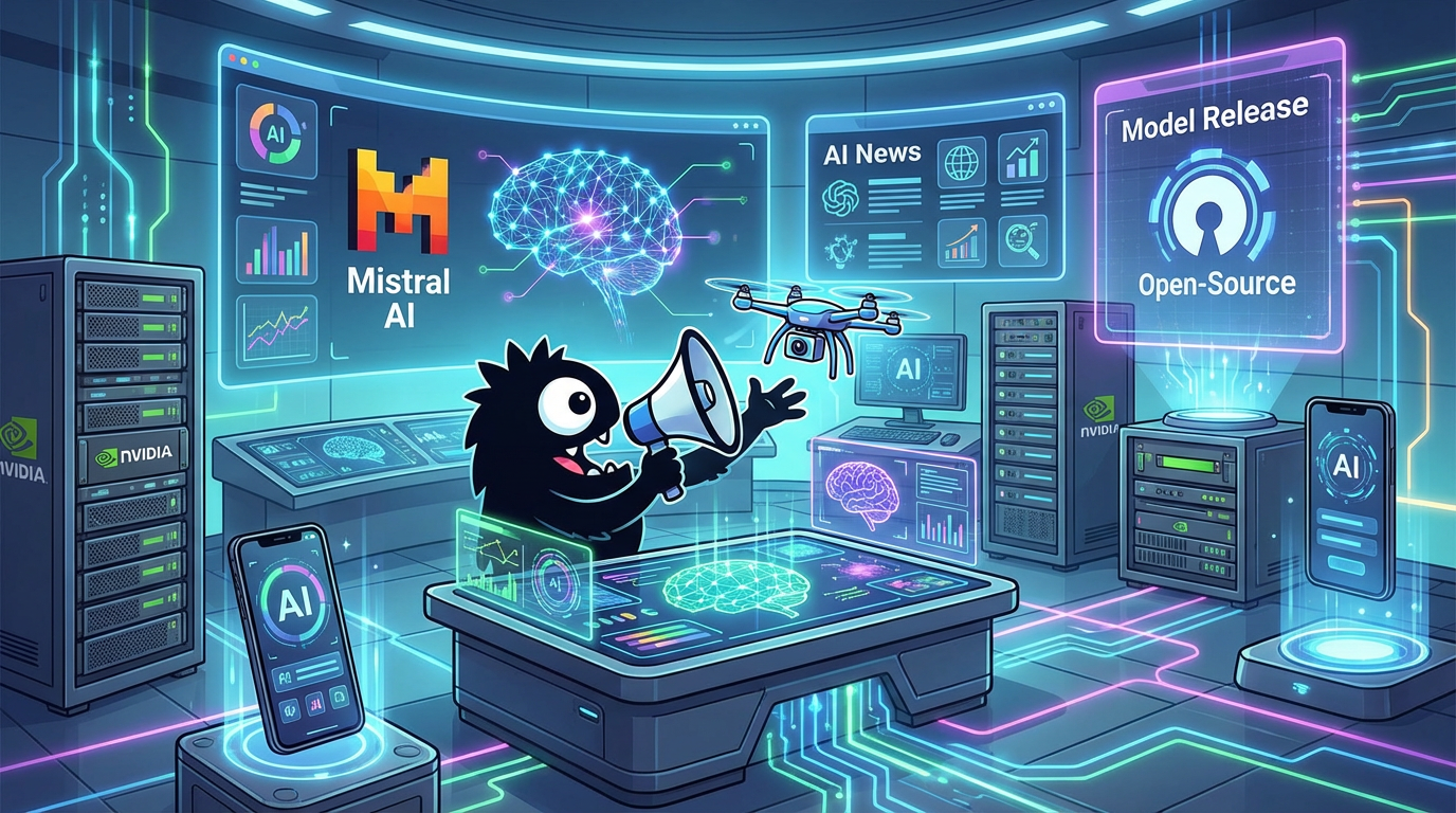 AdTools Monster Mascot presenting AI news: Mistral AI Unveils Mistral 3 Open-Source Family