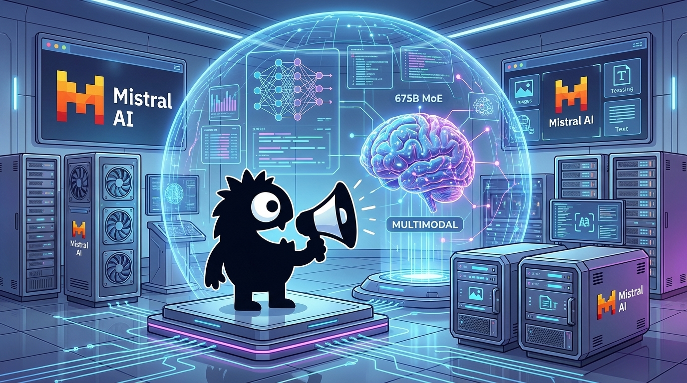 AdTools Monster Mascot presenting AI news: Mistral AI Unveils 675B Open-Source MoE Model