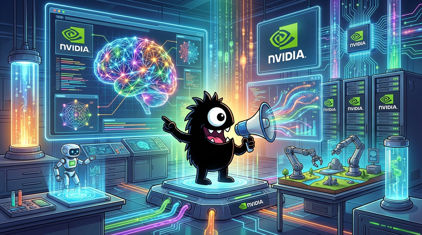 AdTools Monster Mascot presenting AI news: NVIDIA Unveils Vera Rubin GPU and Physical AI Models