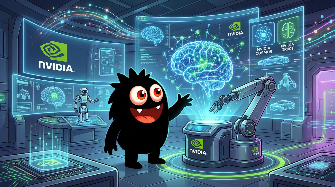 AdTools Monster Mascot presenting AI news: NVIDIA Unveils Open Models for Physical AI at CES 2026