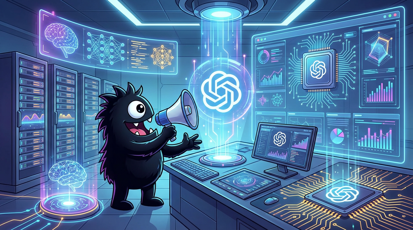 AdTools Monster Mascot presenting AI news: OpenAI Raises Record $110B from Amazon, Nvidia, SoftBank