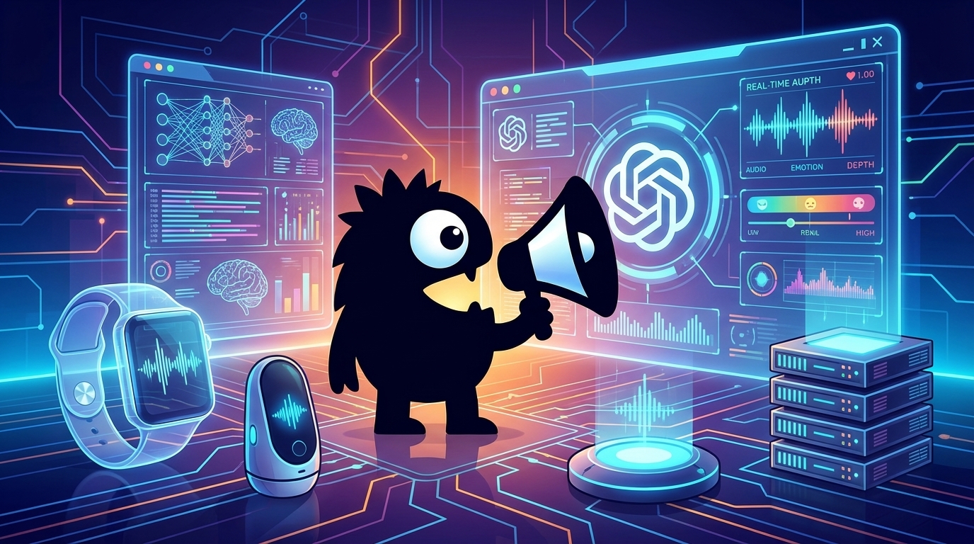 AdTools Monster Mascot presenting AI news: OpenAI Preps New Audio Model for Device Launch