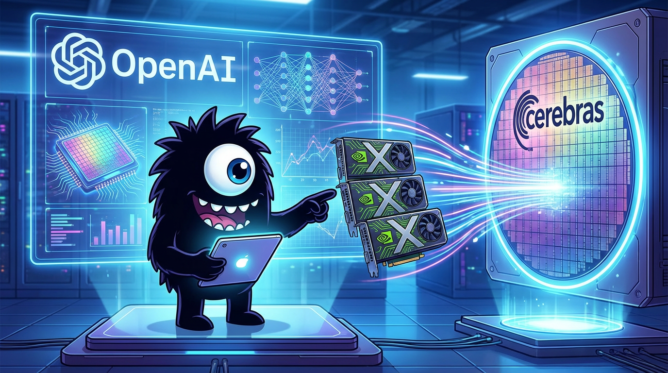 AdTools Monster Mascot presenting AI news: OpenAI Inks $10B+ Deal with Cerebras for AI Compute
