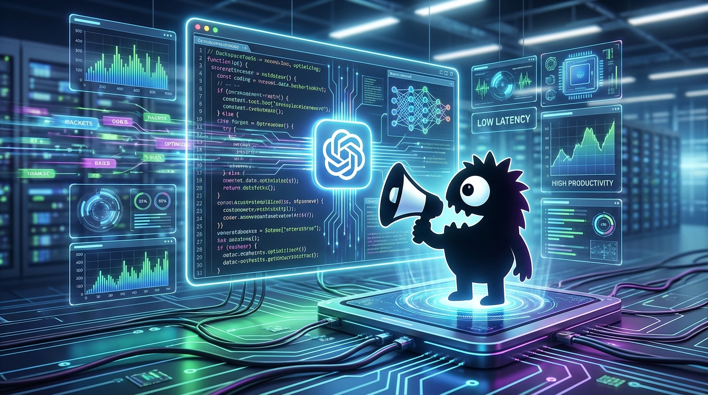 AdTools Monster Mascot presenting AI news: OpenAI Unveils GPT-5.3-Codex-Spark for Ultra-Fast Coding