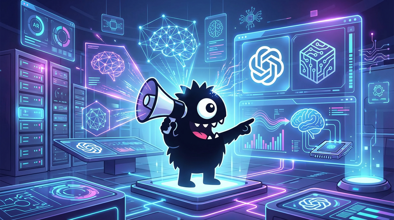 AdTools Monster Mascot presenting AI news: OpenAI / Merge Labs: OpenAI Funds Sam Altman's $252M Brain-C