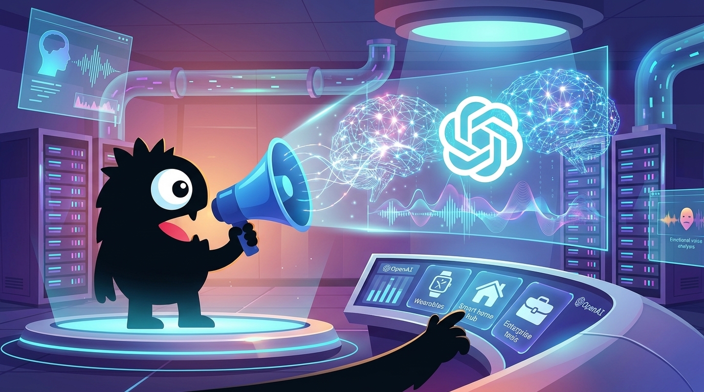 AdTools Monster Mascot presenting AI news: OpenAI Develops Advanced Audio AI for Upcoming Device