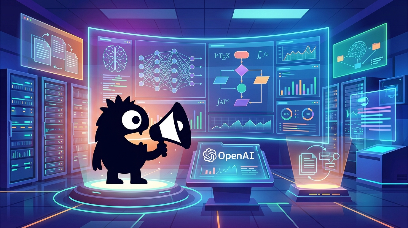 AdTools Monster Mascot presenting AI news: OpenAI Unveils Prism: Free AI Workspace Powered by GPT-5.2