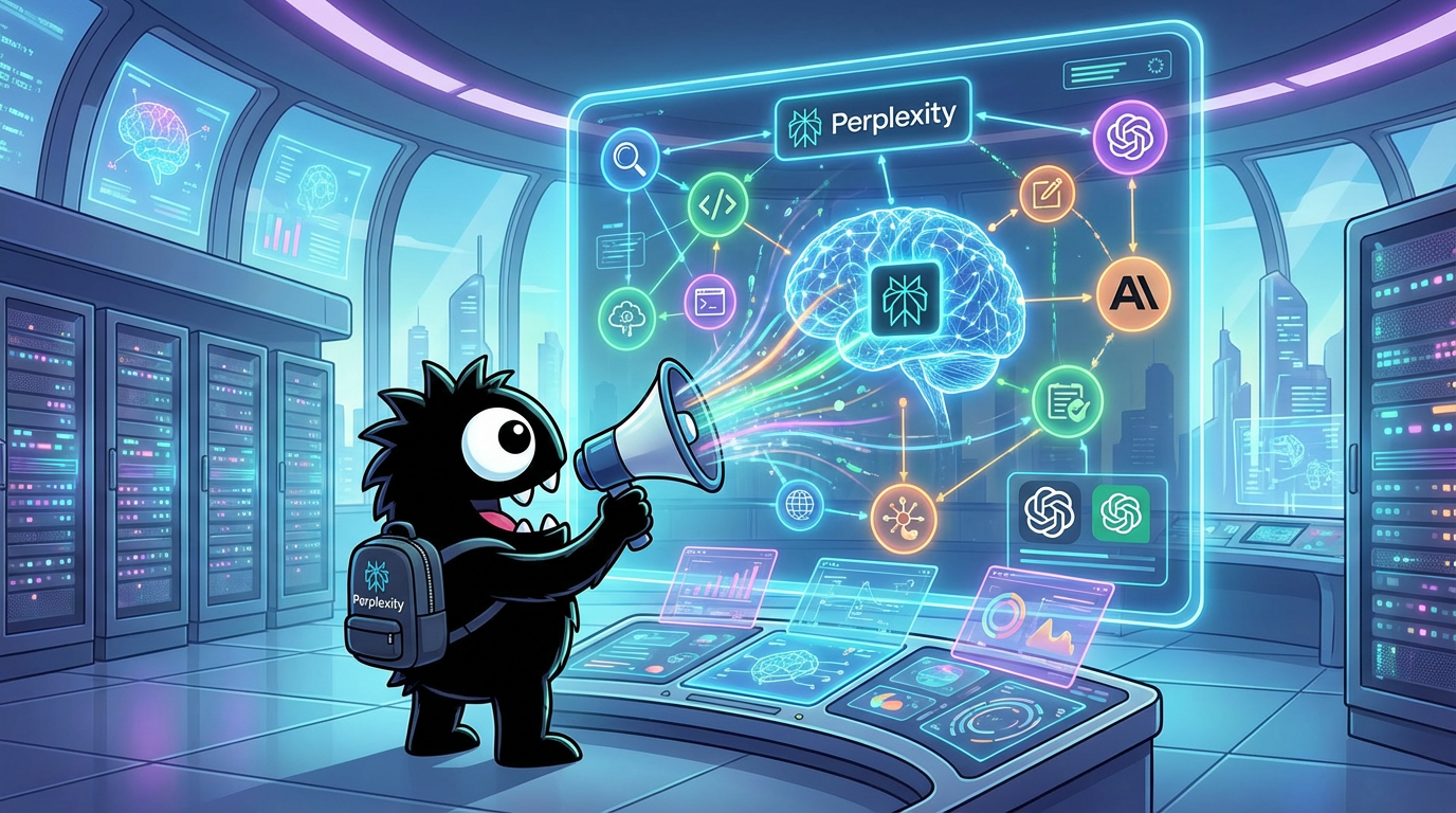 AdTools Monster Mascot presenting AI news: Perplexity Launches Computer: Unified AI for End-to-End Proj