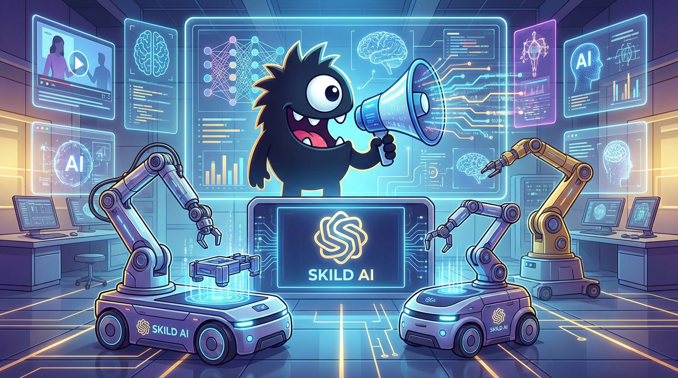 AdTools Monster Mascot presenting AI news: Skild AI Secures $1.4B at $14B Valuation for Robotic AI Soft