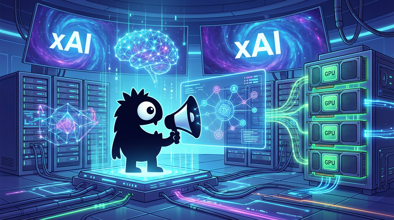 AdTools Monster Mascot presenting AI news: xAI Raises $20B to Fuel Grok AI and Infrastructure