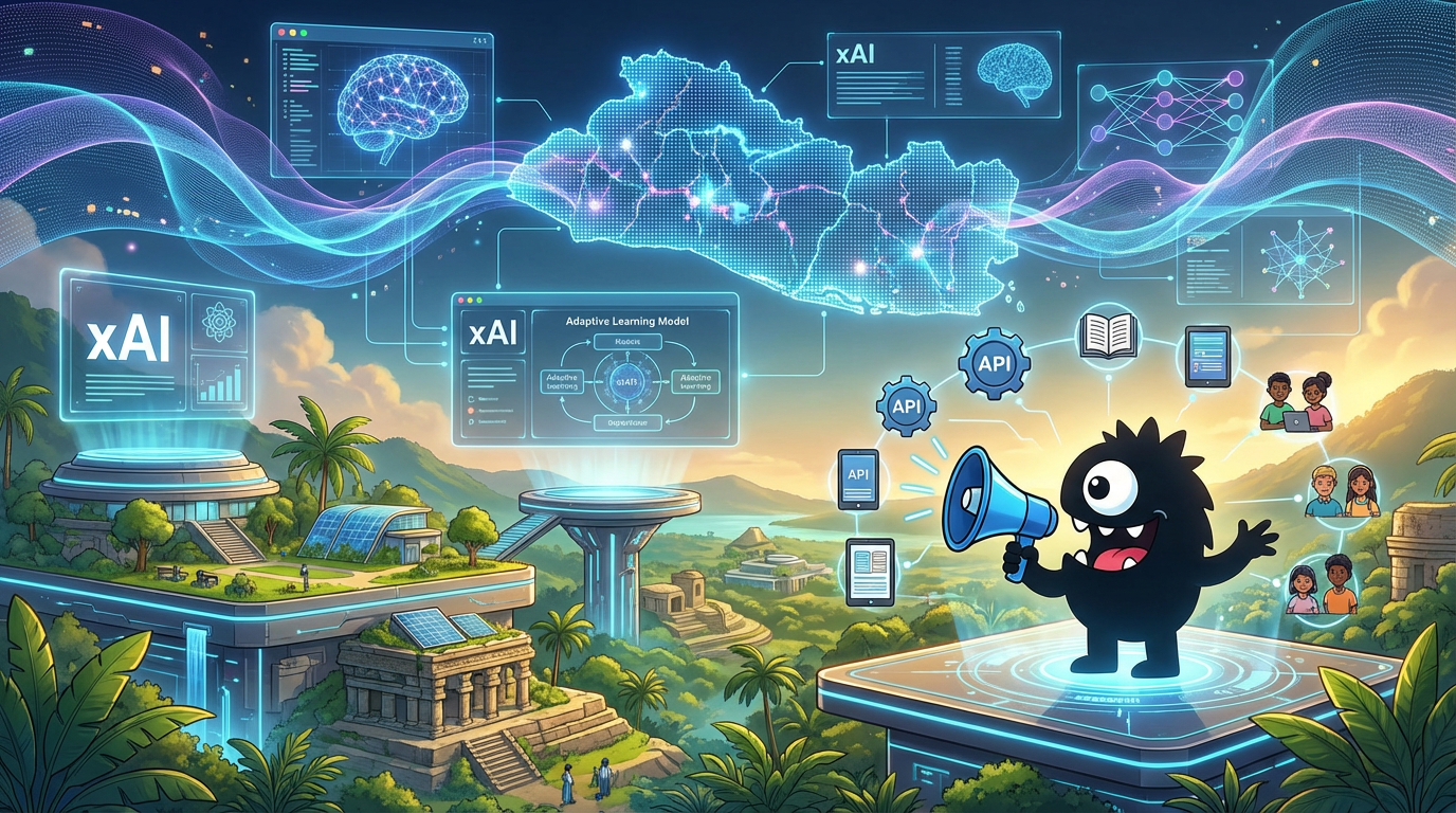 AdTools Monster Mascot presenting AI news: xAI Partners with El Salvador for Nationwide AI Tutoring