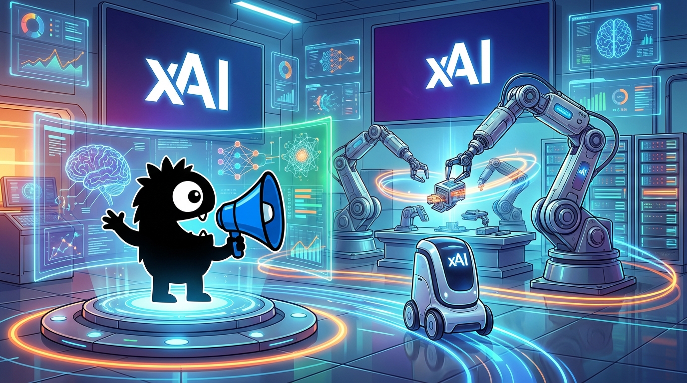 AdTools Monster Mascot presenting AI news: xAI Releases AI Model for Physical World Manipulation