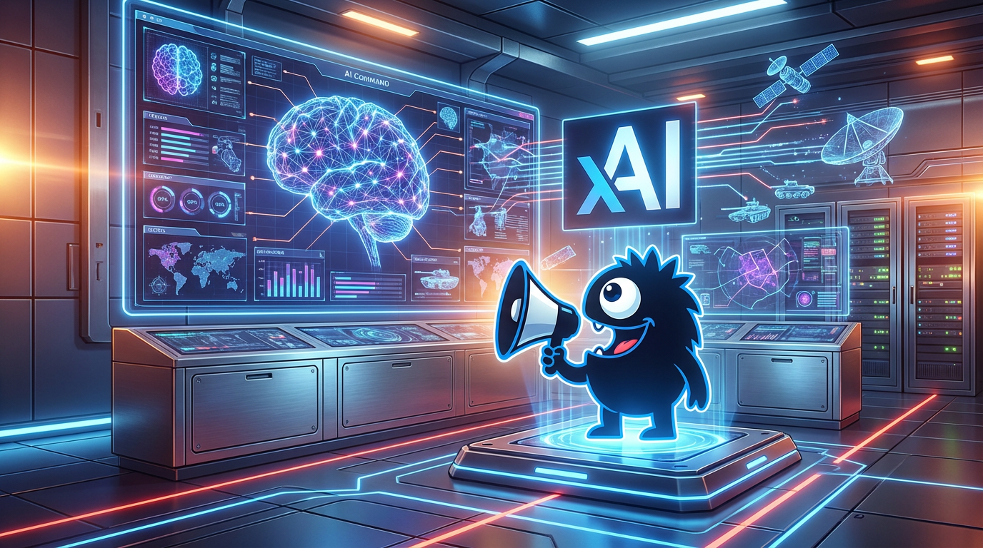 AdTools Monster Mascot presenting AI news: Pentagon Partners with xAI to Deploy Grok AI Government-Wide