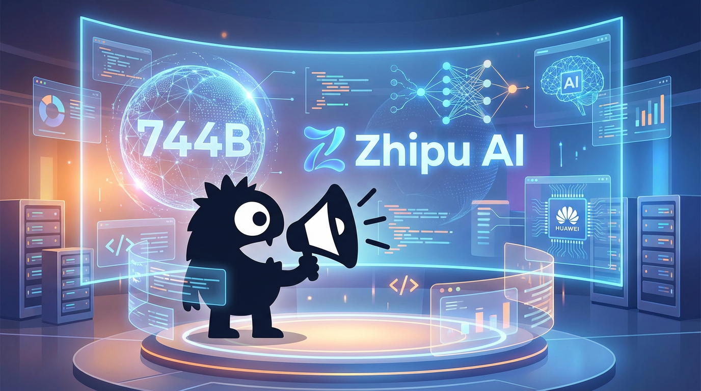 AdTools Monster Mascot presenting AI news: Zhipu AI Unveils Massive Open-Source LLM Beating Gemini 3 Pr