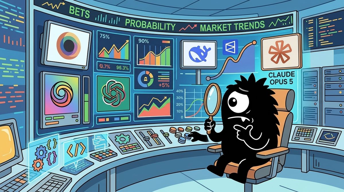 AdTools Monster Mascot reviewing products: Anthropic at 100%: What the AI Model Prediction Market Revea
