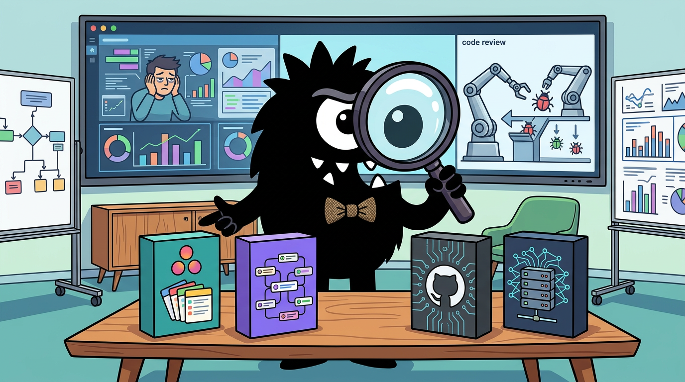 AdTools Monster Mascot reviewing products: Asana vs ClickUp: Which Is Best for Code Review and Debuggin