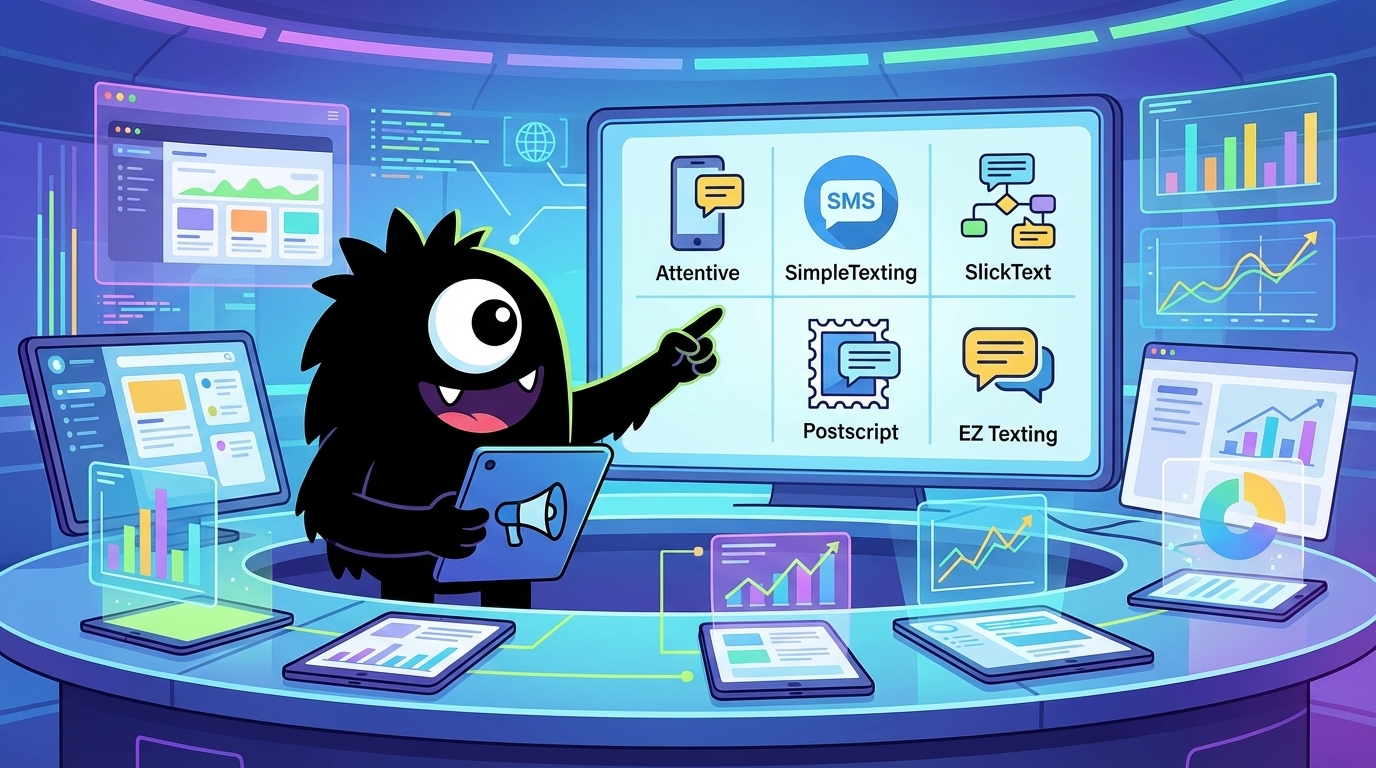 AdTools Monster Mascot: Attentive vs SimpleTexting vs SlickText vs Postscript: SMS M