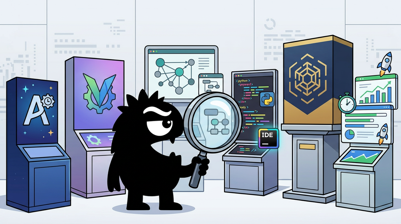 AdTools Monster Mascot reviewing products: AutoGPT vs Vertex AI Agents vs Flowise: Which Is Best for En