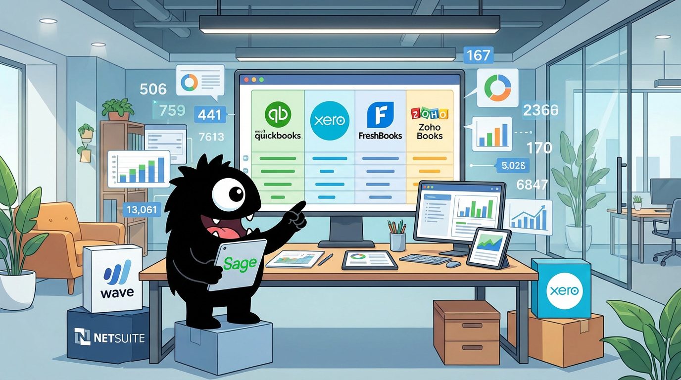 AdTools Monster Mascot reviewing products: Best accounting Software for 2025