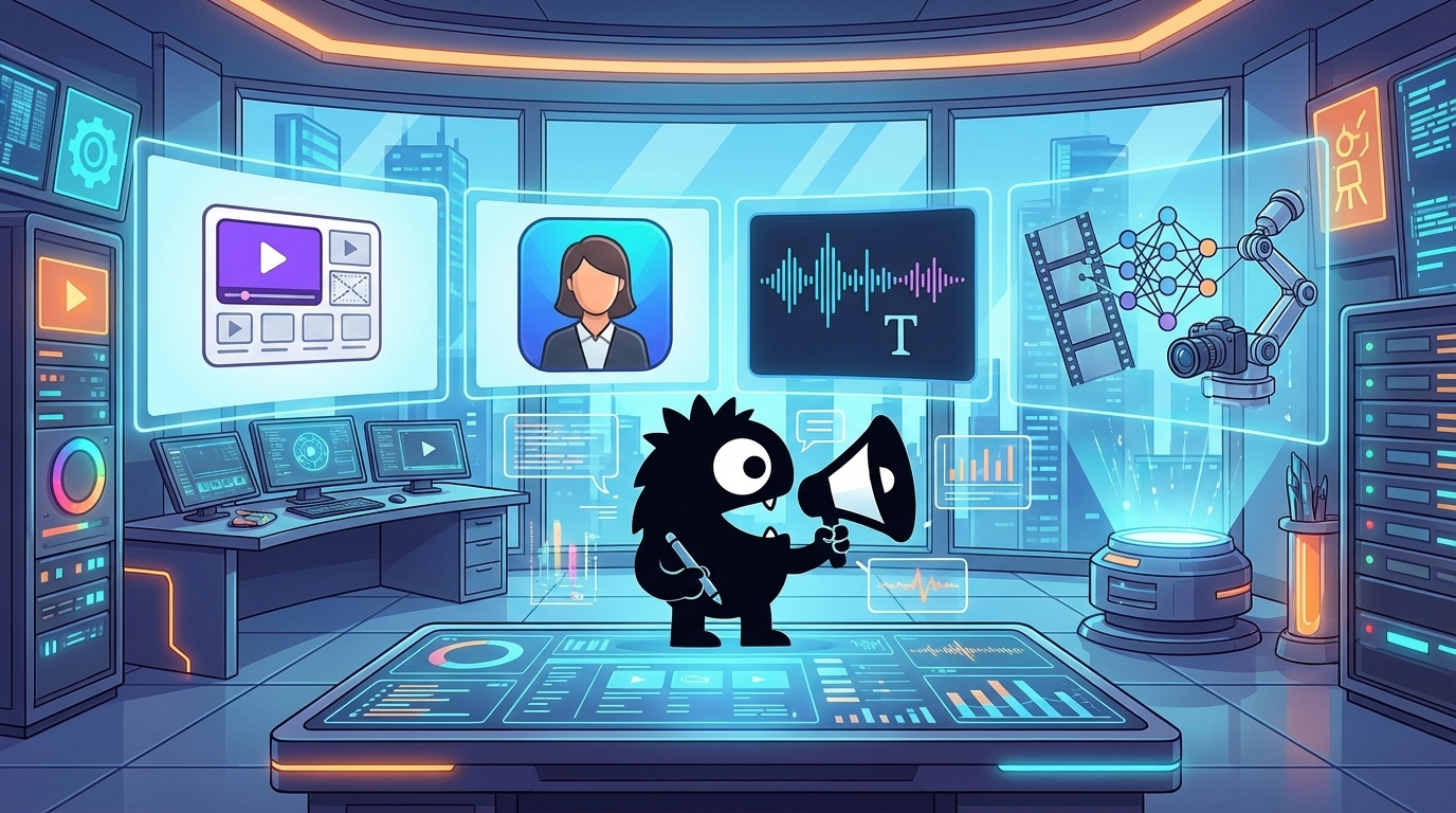 AdTools Monster Mascot reviewing products: Best AI Video Generation Software for 2025