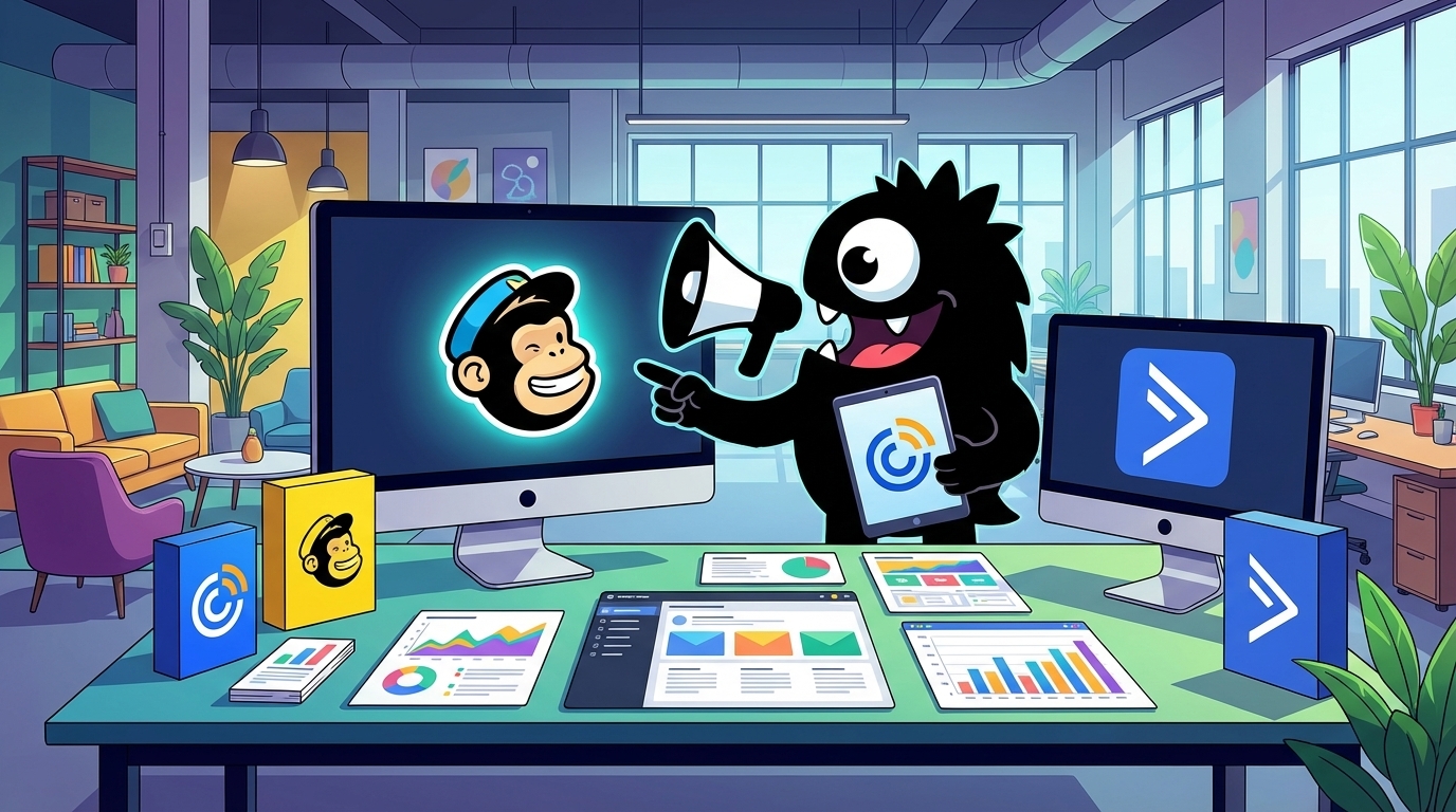 AdTools Monster Mascot reviewing products: Best Email Marketing Software 2025: Mailchimp vs Constant Co