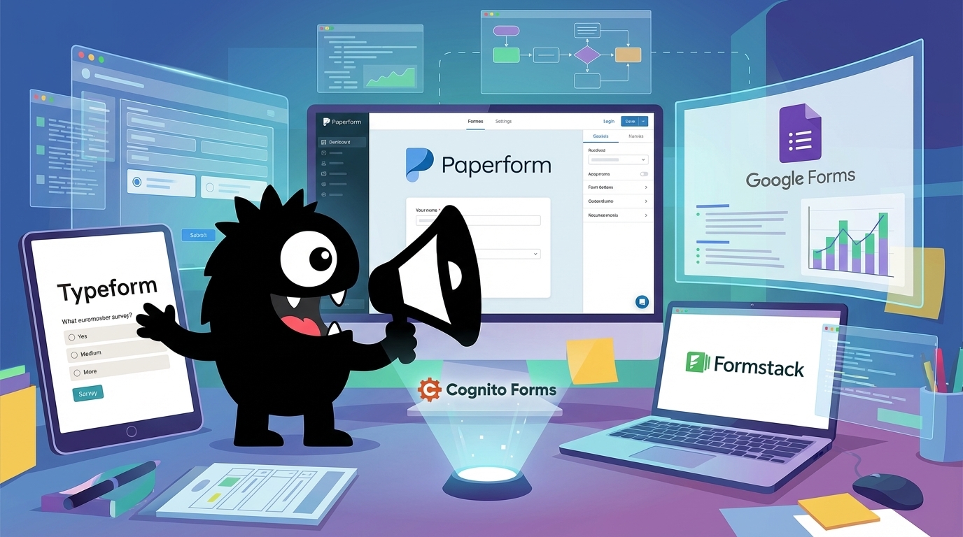 AdTools Monster Mascot reviewing products: Best form-builders Software for 2025