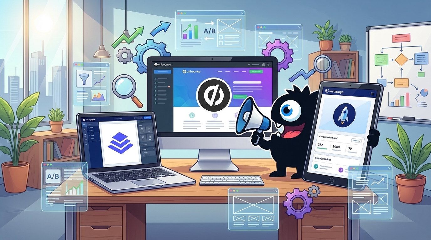 AdTools Monster Mascot reviewing products: Best Landing Pages Software 2025: Unbounce vs Leadpages vs I