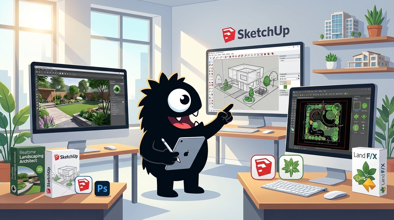 AdTools Monster Mascot reviewing products: Best Landscaping Software Software 2025: Realtime Landscapin