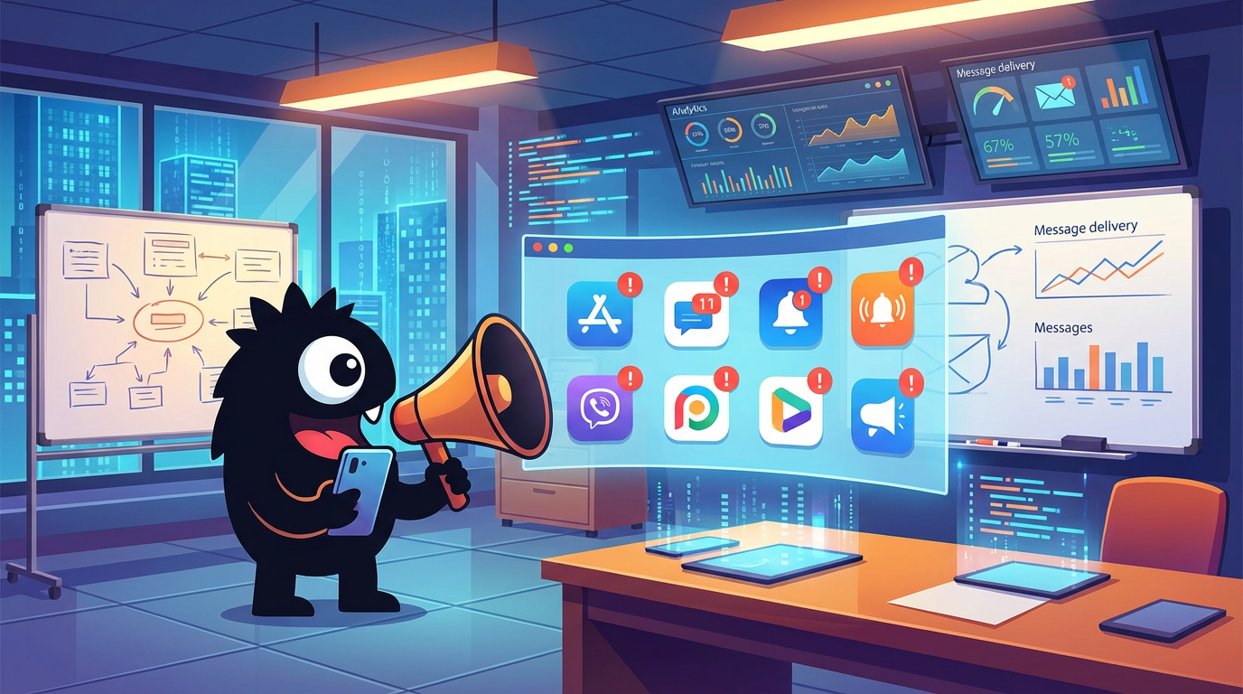 AdTools Monster Mascot reviewing products: Best push-notifications Software for 2025
