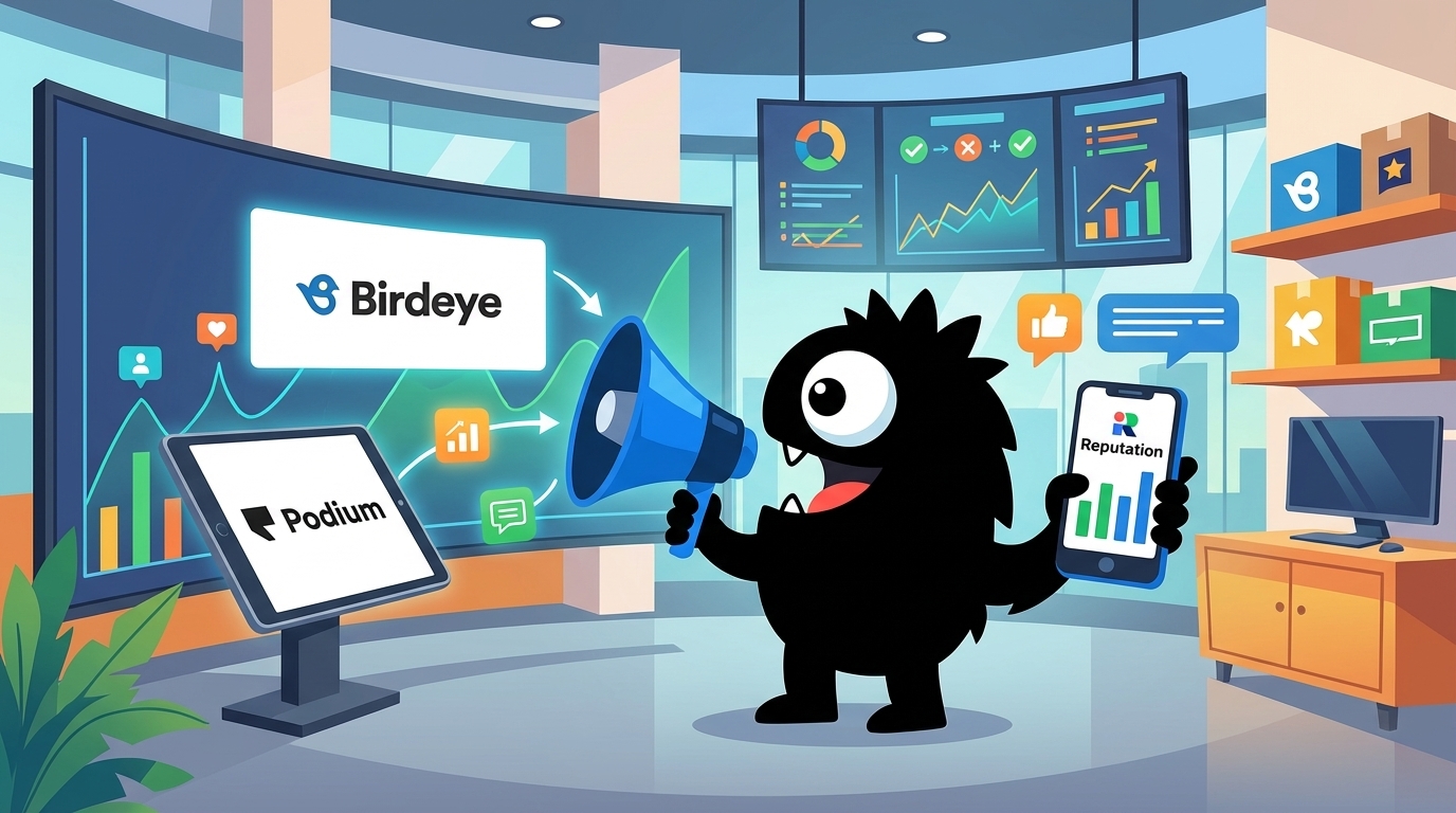 AdTools Monster Mascot reviewing products: Best Review Management Software 2025: Birdeye vs Podium vs R