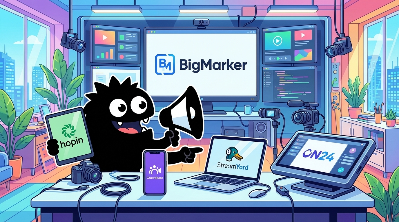 AdTools Monster Mascot reviewing products: BigMarker vs Hopin vs StreamYard vs Crowdcast: Webinar & Vir