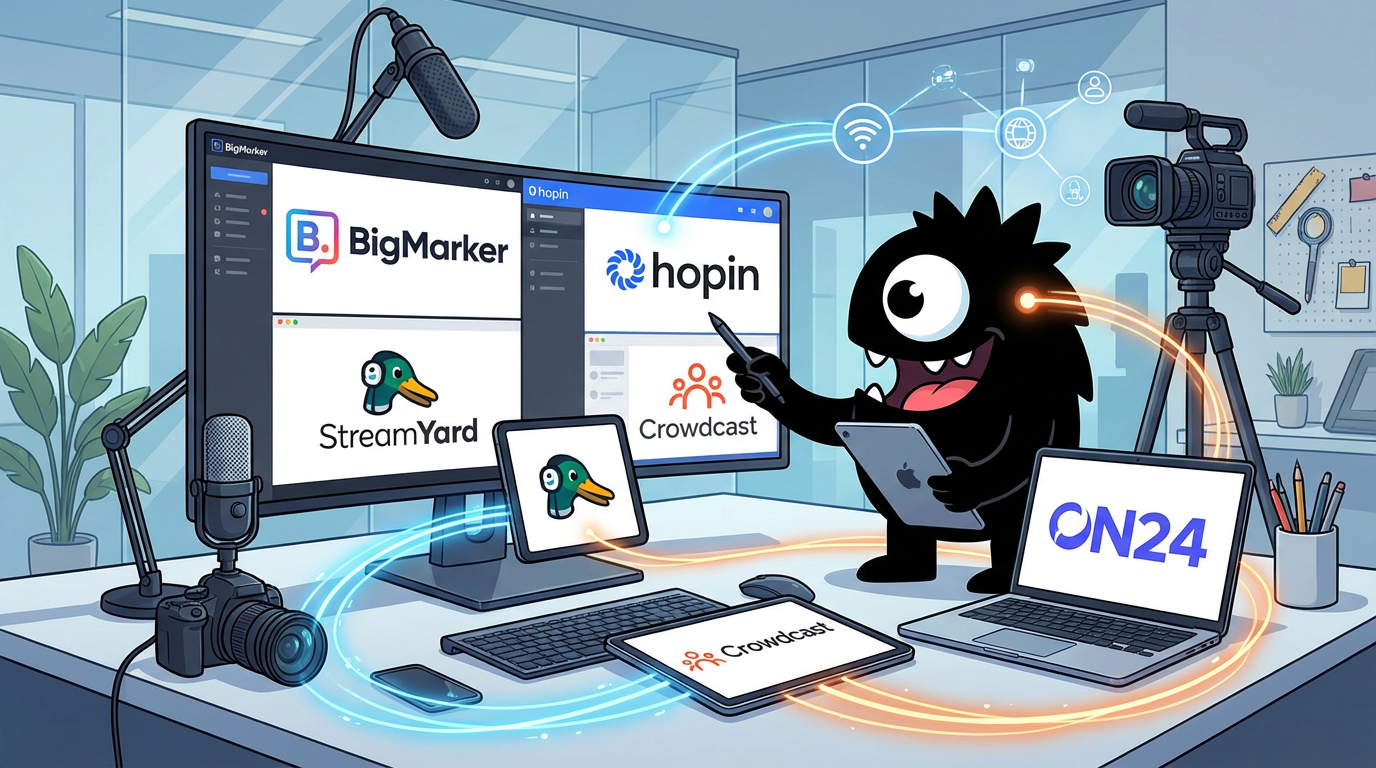 AdTools Monster Mascot reviewing products: BigMarker vs Hopin vs StreamYard vs Crowdcast: Webinar & Vir