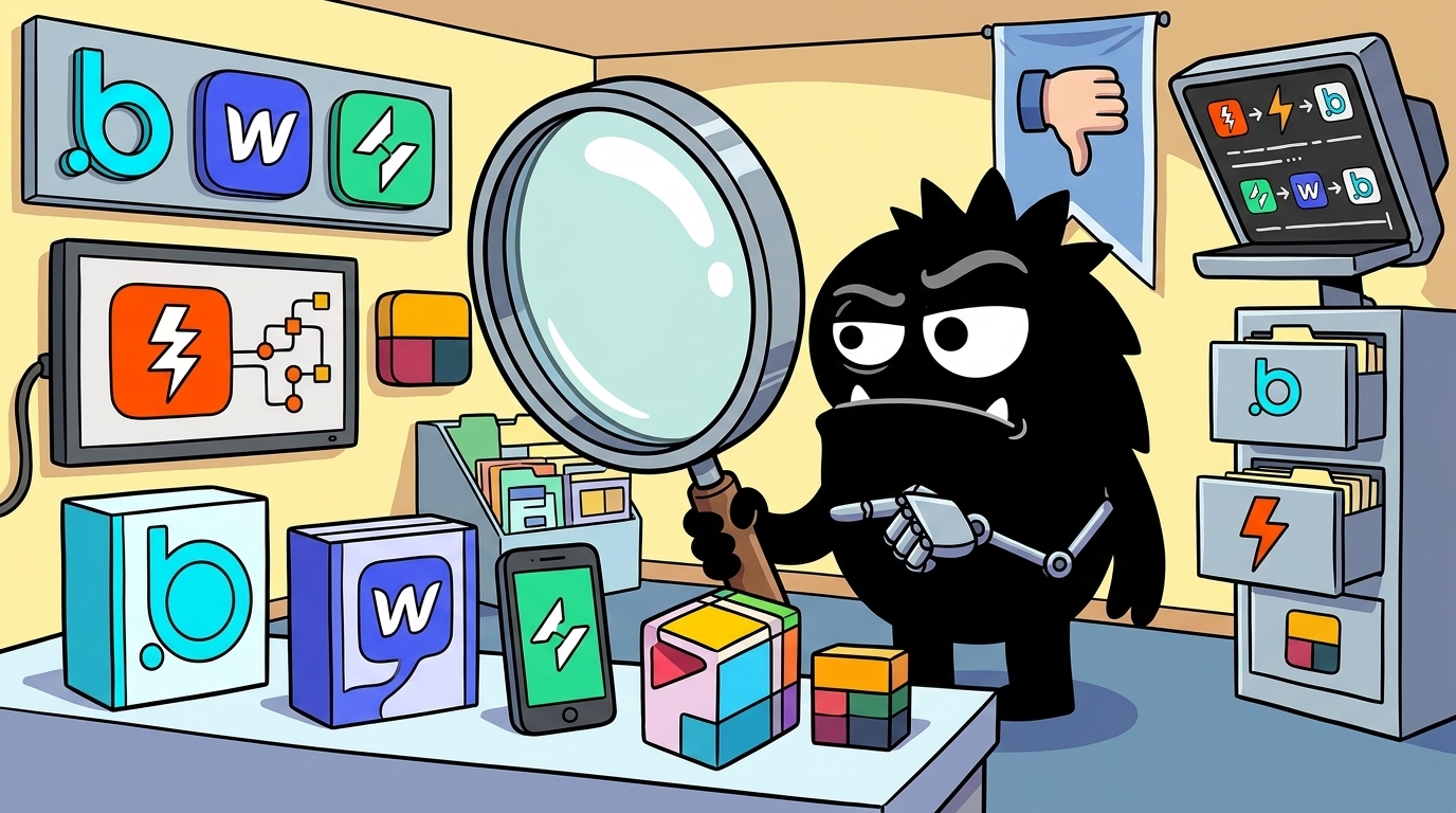AdTools Monster Mascot reviewing products: Bubble vs Webflow vs Glide vs Airtable vs Zapier vs Softr: W