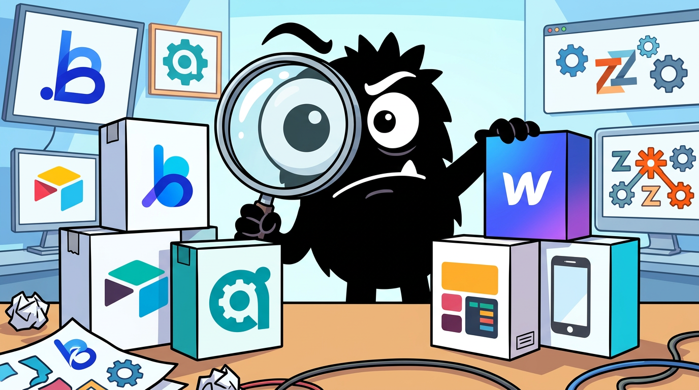 AdTools Monster Mascot reviewing products: Bubble vs Webflow vs Softr vs Glide vs Airtable vs Zapier: W