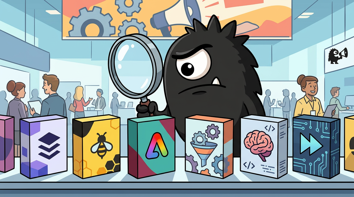 AdTools Monster Mascot reviewing products: Buffer vs Beehiiv vs Adobe Express: Which Is Best for Market